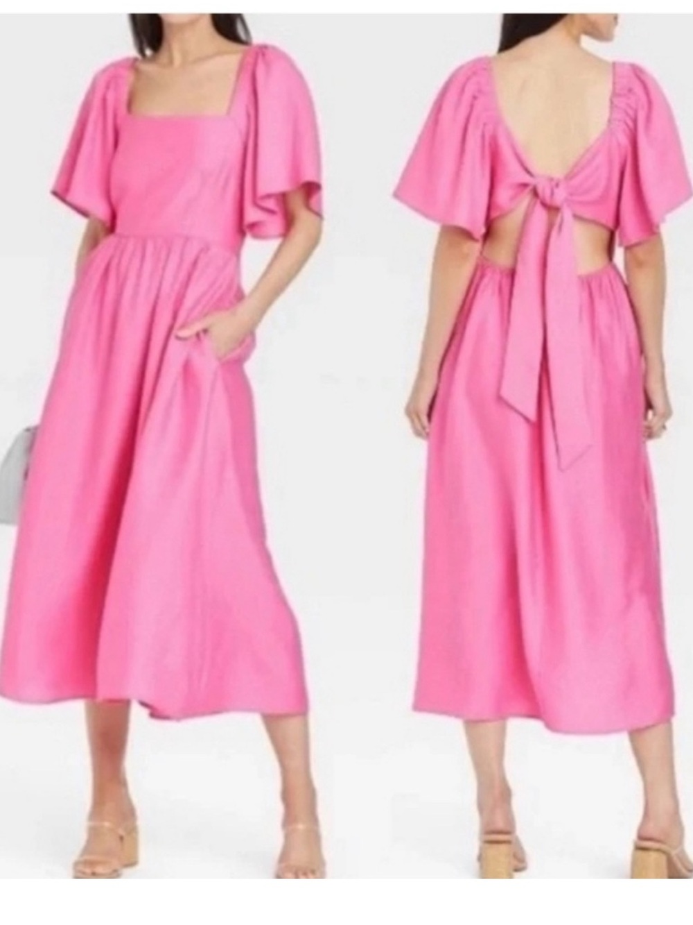 Pink Ruffled Bow Midi Dress